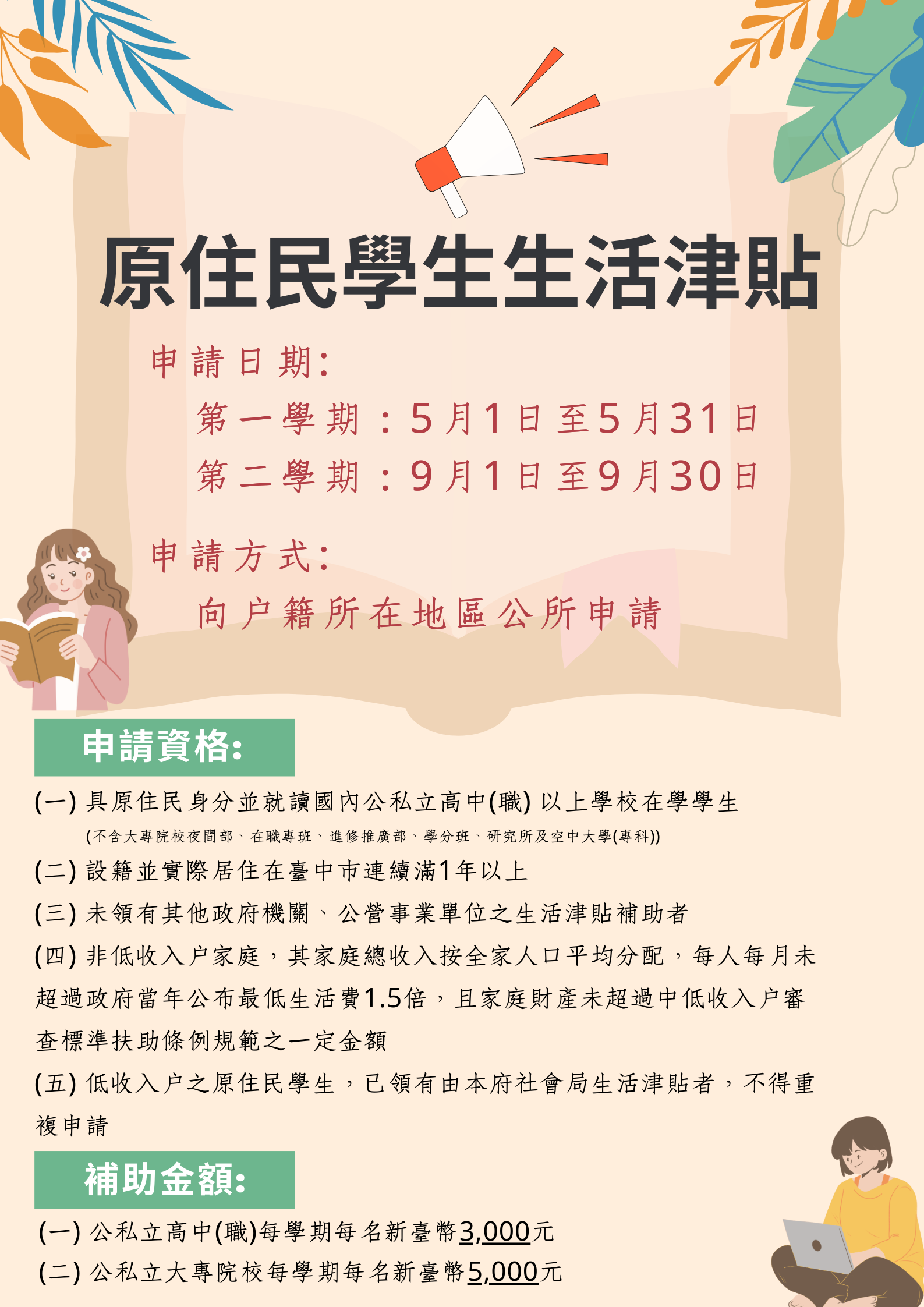 臺中市113年度原住民學生生活津貼補助案
